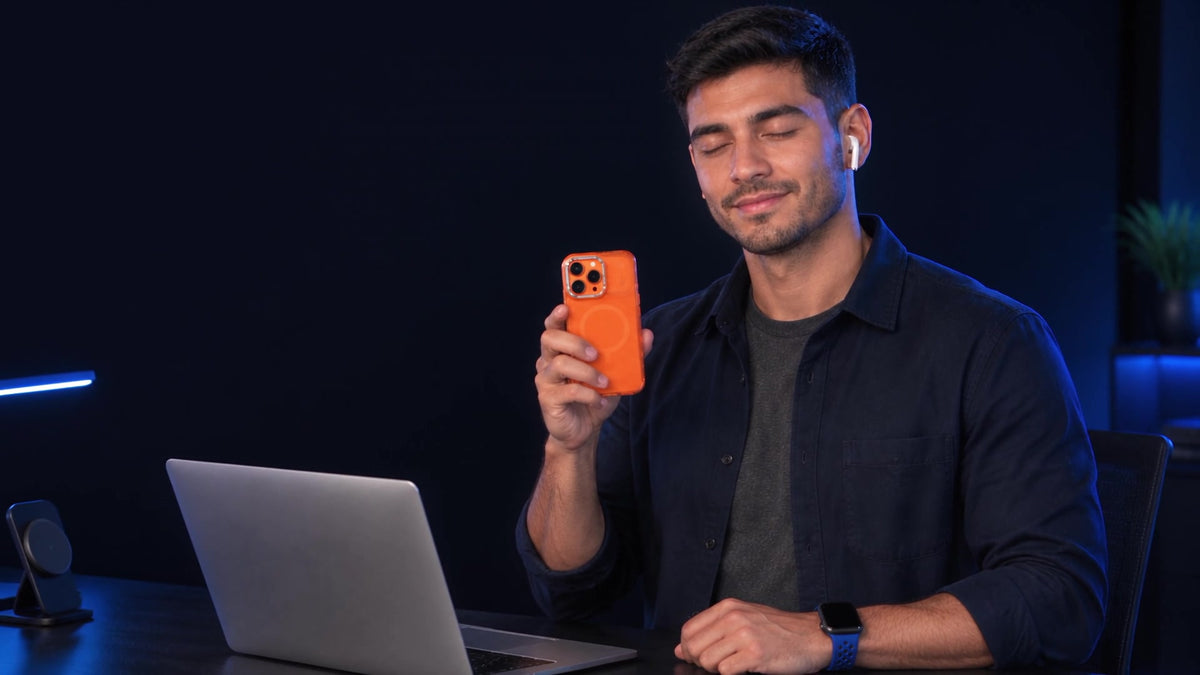 G-CITY: estuche naranja, auriculares y reloj con manilla deportiva en un ambiente azul.